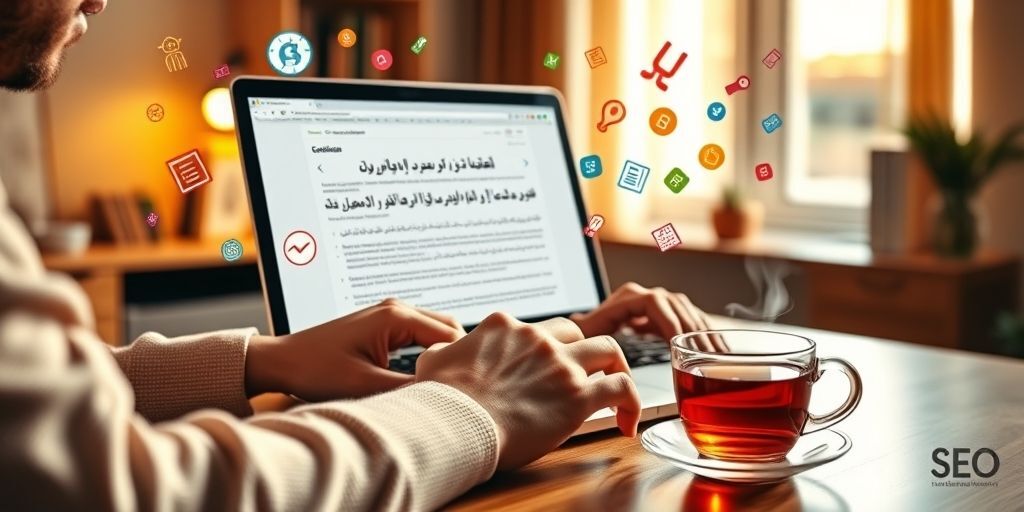 A person typing on a laptop showing a WordPress editor with Persian text, surrounded by floating SEO icons like keywords, meta tags, and content structure, in a warm office environment with a cup of Persian tea.