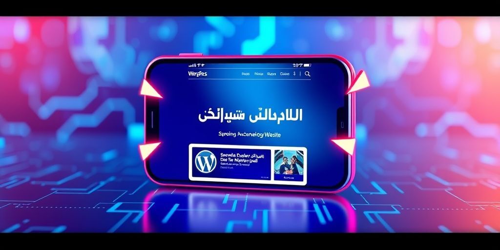 A 3D render of a smartphone showing a responsive WordPress website in Persian, with arrows demonstrating how content adapts to different screen sizes, against a gradient blue tech background.