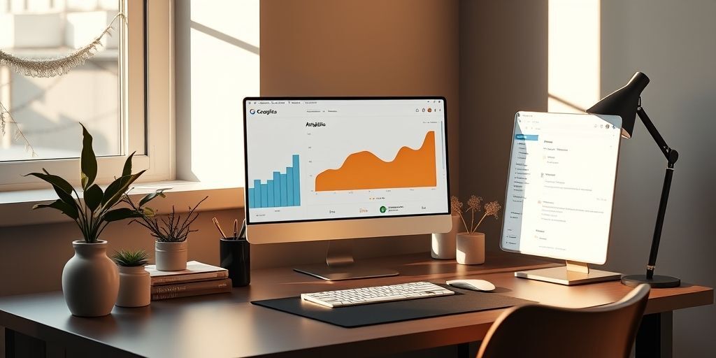 A dashboard showing Google Analytics in Persian with rising SEO metrics graphs, alongside a WordPress admin panel with Yoast SEO plugin visible, on a modern desk setup.