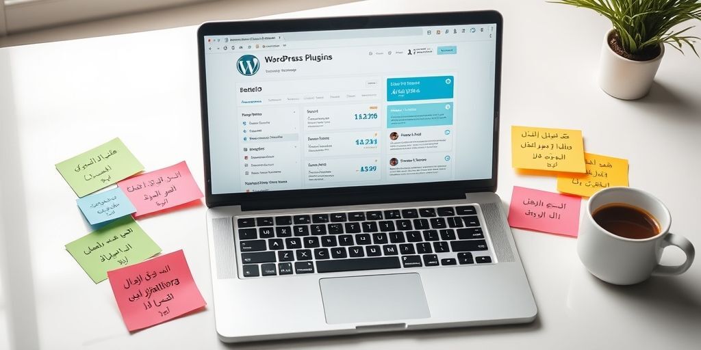 A modern laptop showing a Persian-language WordPress dashboard with SEO plugins, surrounded by colorful sticky notes with Persian writing about content optimization, on a clean desk with a cup of coffee.
