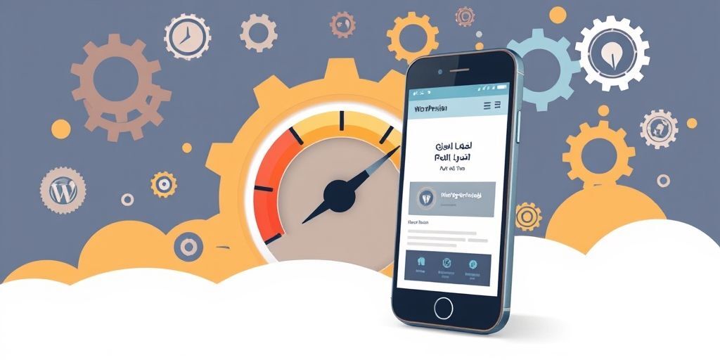 A speedometer showing fast loading time next to a mobile phone displaying a Persian WordPress site, with gears and optimization tools floating in the background in a tech-themed illustration.