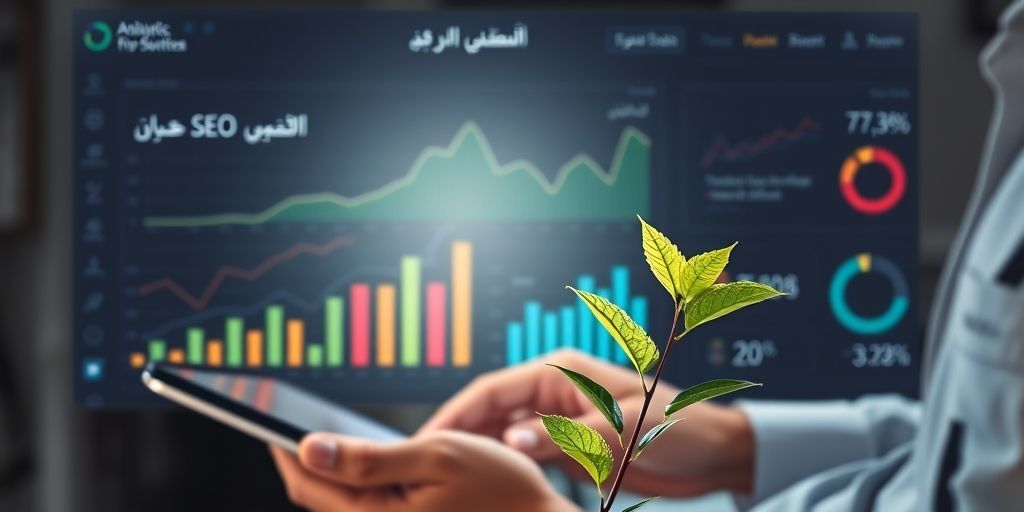 An analytics dashboard showing Persian text with rising graphs and SEO metrics, overlaid on a website owner reviewing data on a tablet with a bright plant in the foreground symbolizing growth.