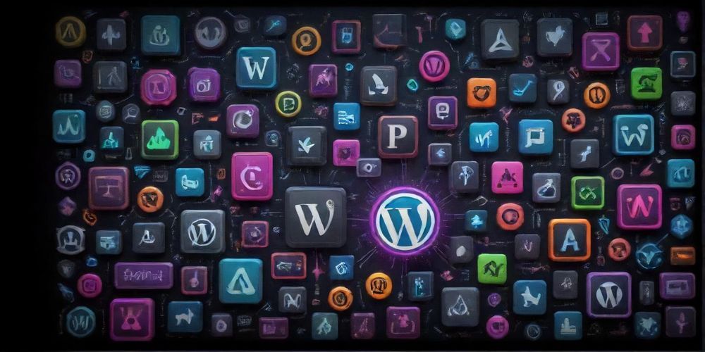 An illustration of various WordPress components like plugins and themes with update notifications.