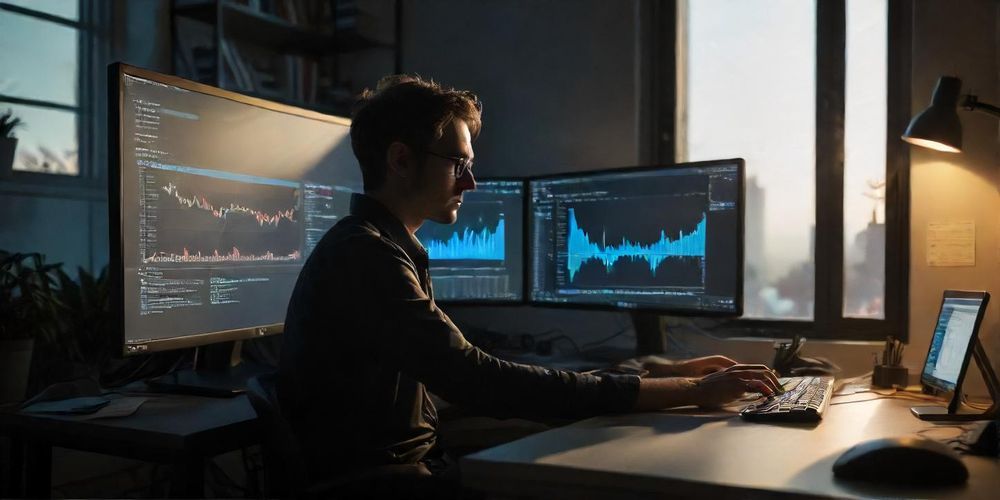 A serene workspace environment where a person is optimizing their WordPress site, showcasing an organized desk setup with dual monitors, focused on improving website speed and performance.