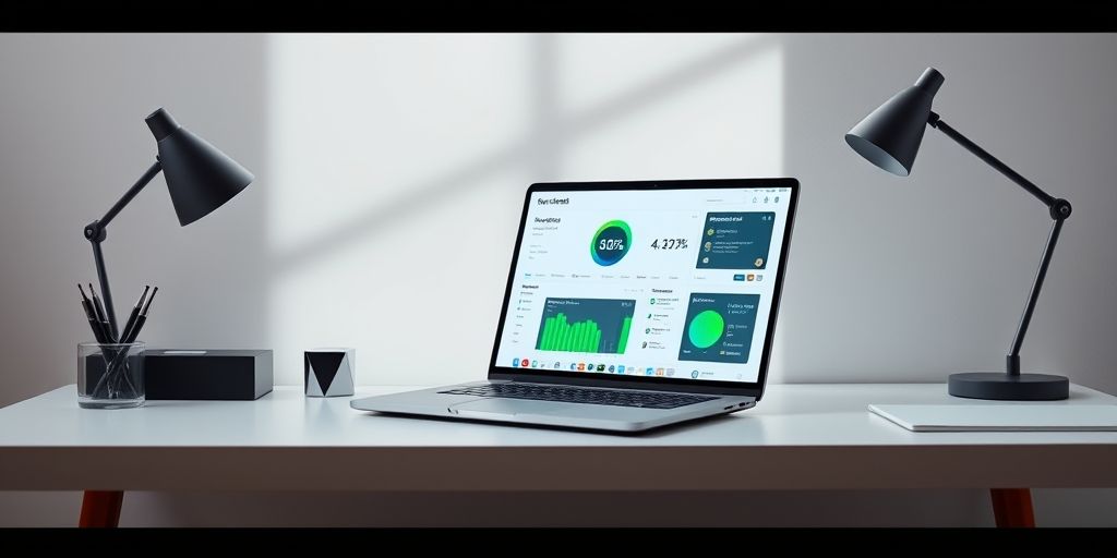 A clean, high-speed WordPress dashboard loading instantly on a modern laptop, with visible performance metrics showing optimal efficiency, surrounded by minimalist office accessories