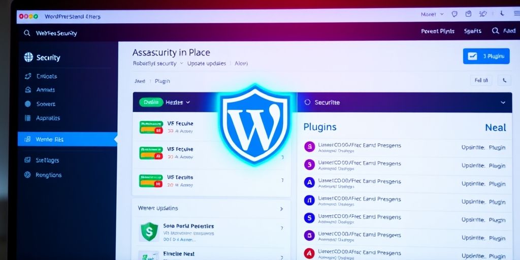 A well-maintained WordPress dashboard showing security shield icon, update notifications, and clean plugin list, symbolizing proactive maintenance and security