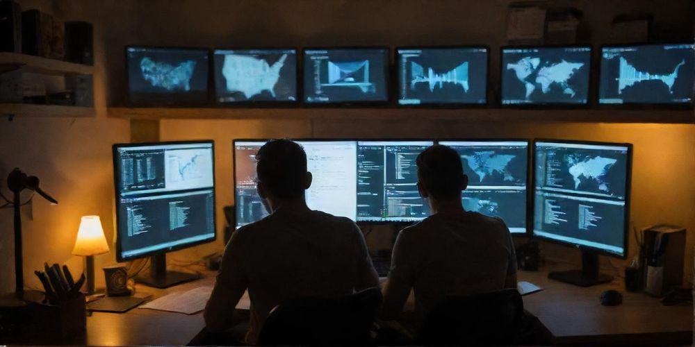 A person sitting comfortably at a desk, surrounded by screens showing WordPress dashboard, writing content, with a warm and inviting workspace atmosphere.