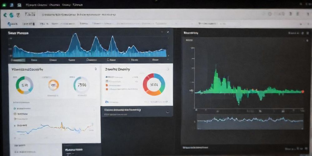 A close-up of a computer screen displaying a WordPress security plugin dashboard, with graphs and security notifications, creating a sense of vigilance.
