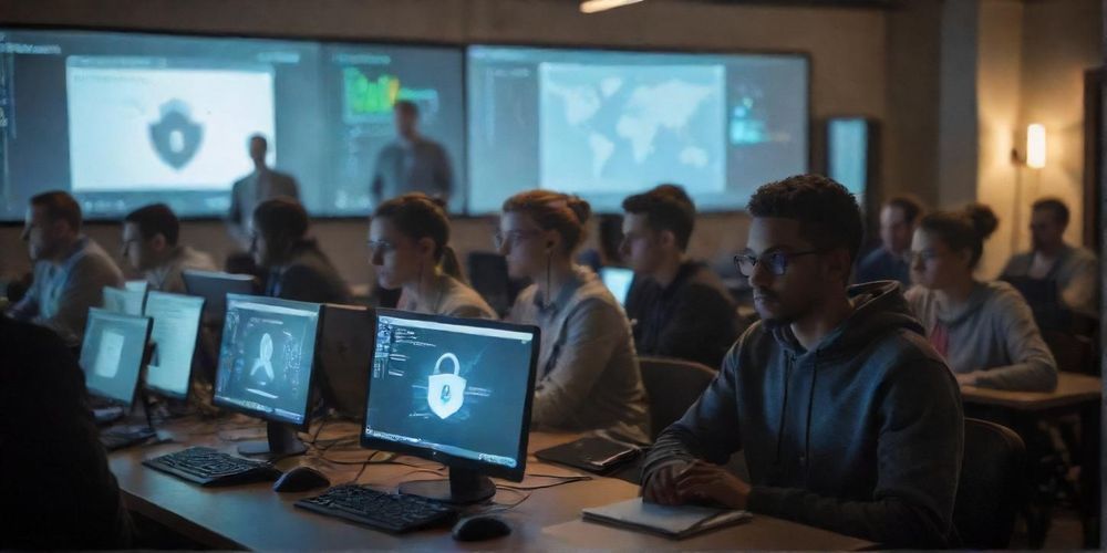 An image depicting a group of individuals attending a cybersecurity workshop, focusing on the importance of security awareness and education in a business environment.