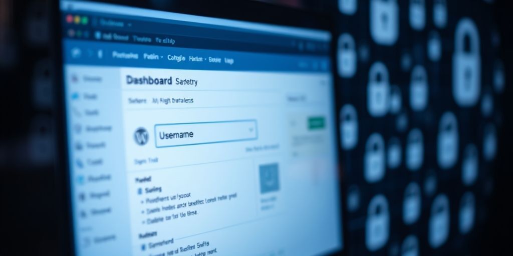 A close-up of a computer screen showing WordPress admin dashboard with username field being edited, surrounded by padlock icons and security symbols in the background, conveying safety and protection.