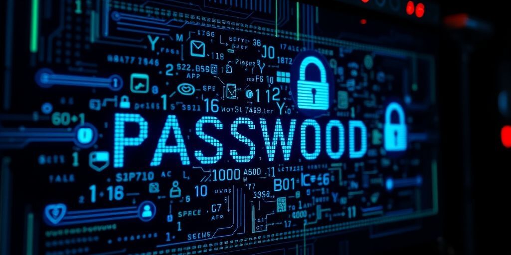 A secure password being generated on a digital screen, showing complex mix of characters, symbols, and numbers, with shield and lock icons floating around it.
