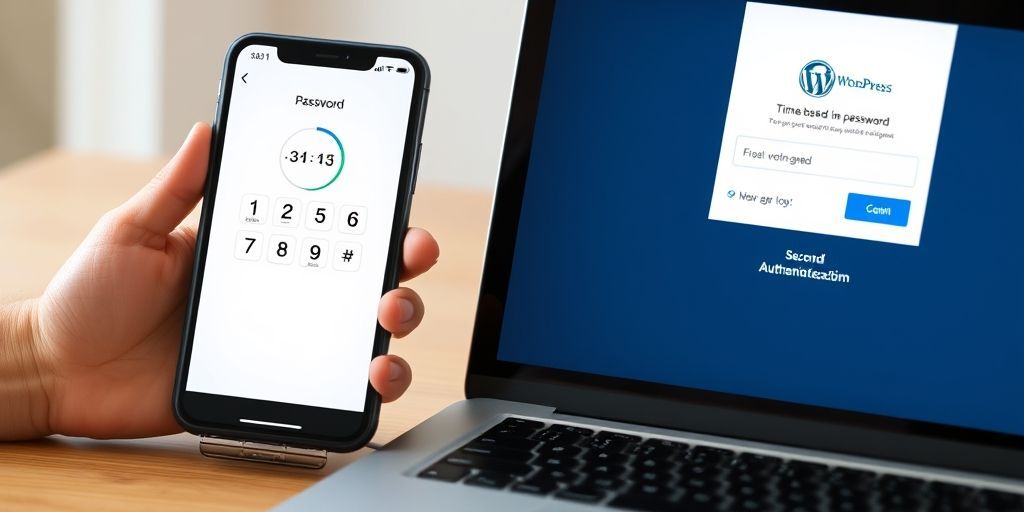 A smartphone screen showing a time-based one-time password app with a rotating 6-digit code, alongside a laptop displaying WordPress login screen with a second authentication field.