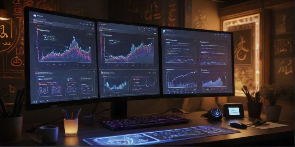 A futuristic digital marketing dashboard showing AI-enhanced analytics and real-time user interaction data, vibrant screens illuminating a workspace with Persian calligraphy accents in the background.