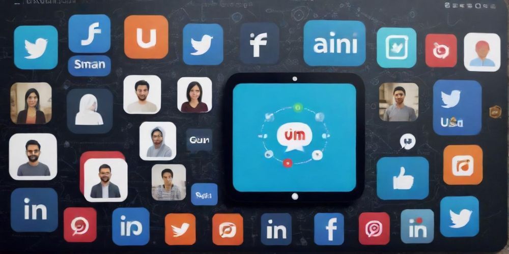 An engaging and modern animated visual of Persian social media users sharing smart AI-based marketing content on various platforms, with interactive UI elements and cultural motifs.