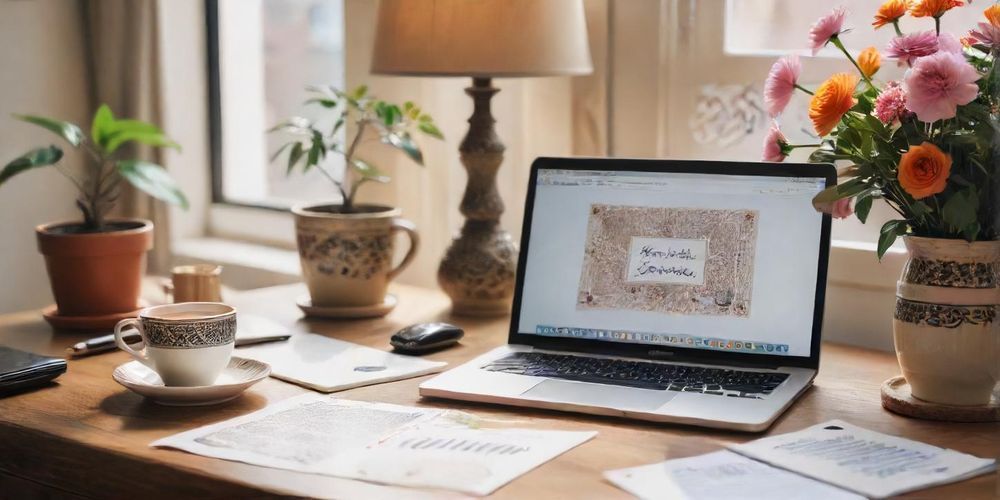 A bright and inviting Persian styled office desk featuring a laptop displaying a successful AI-driven marketing campaign on WordPress, surrounded by notes, tea cup, and traditional calligraphy art suggesting trust and expertise.