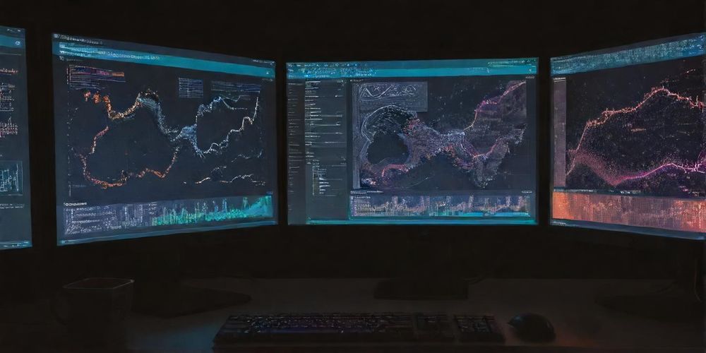 A modern Persian web designer using AI tools on dual monitors, one displaying WordPress dashboard with Persian interface, the other showing colorful data visualizations and code snippets, natural daylight setting