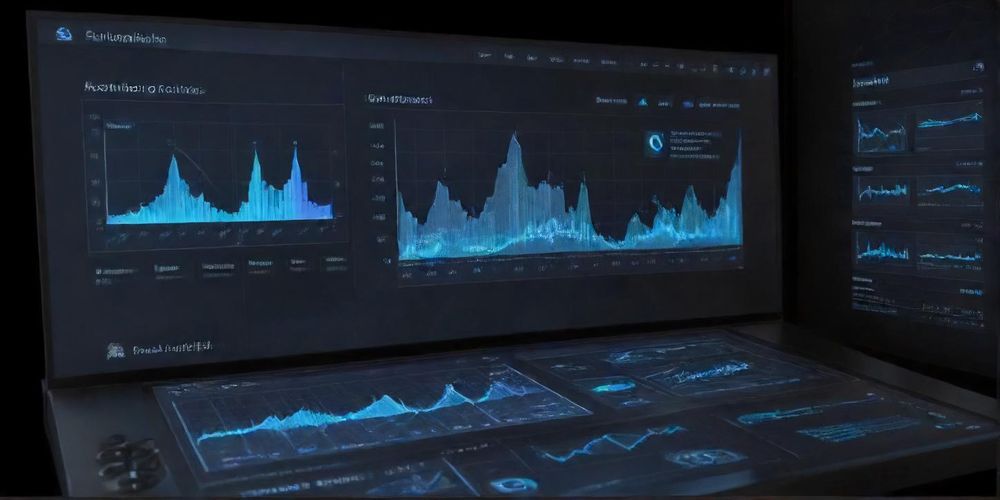 Futuristic Persian website dashboard showing real-time AI analytics with Farsi UI, holographic graphs displaying user engagement metrics and SEO performance