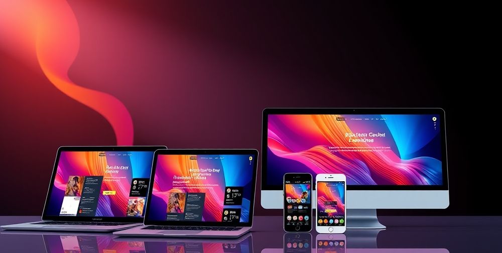 A vibrant, modern website layout displayed on multiple devices, emphasizing responsiveness; bright colors, clean lines, and intuitive navigation.