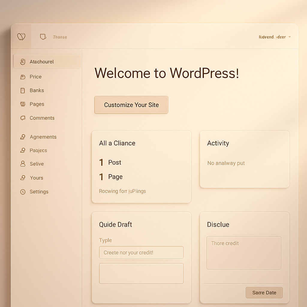 A modern, clean WordPress dashboard with some panels hidden and others rearranged, showing a personalized workspace. The design is minimal and focused, with a warm color scheme.