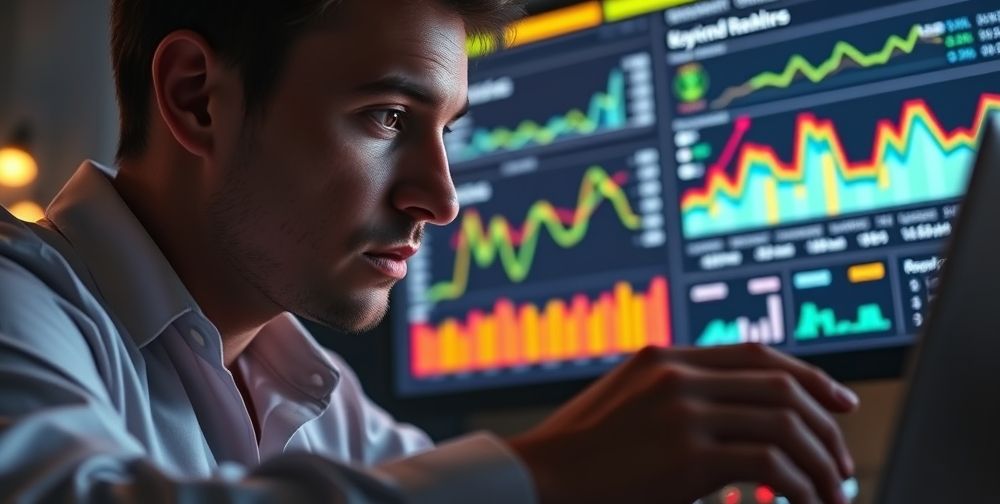 A zoomed-in shot of a person analyzing a website's SEO metrics on a laptop, with colorful SEO analytics charts and graphs in the background.
