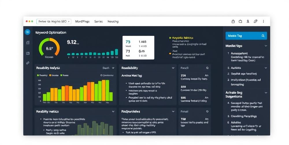 A detailed screenshot of an SEO plugin dashboard on WordPress, showing keyword optimization scores, readability analysis, and meta tag suggestions.
