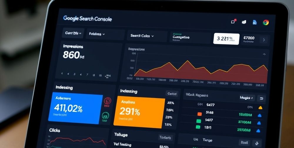 A vibrant screenshot of Google Search Console dashboard showing website performance data, impressions, clicks, and indexing status on a digital device screen, with a focus on clean UI and data visualization.