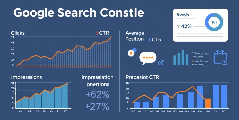 An illustrated infographic of Google Search Console web performance metrics, including clicks, impressions, average position, and CTR with graphs and user interaction icons in a modern flat design style.