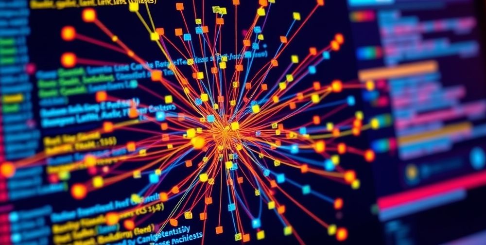 A detailed, colorful visualization of website internal linking structure and external backlinks visualized as nodes and connections on a digital screen, symbolizing SEO strategy and link building.