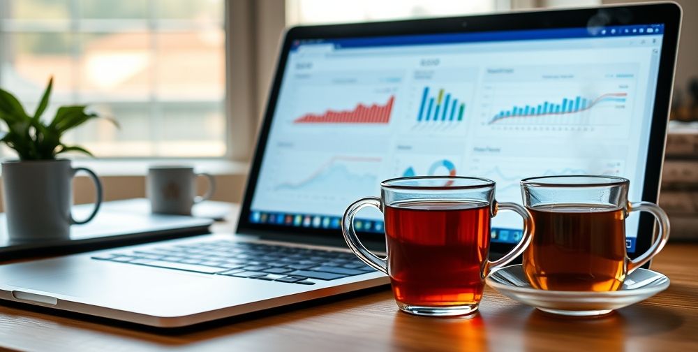 A professional workspace with a laptop displaying SEO reports next to a steaming cup of tea, emphasizing a productive and relaxed atmosphere for website optimization and data analysis.
