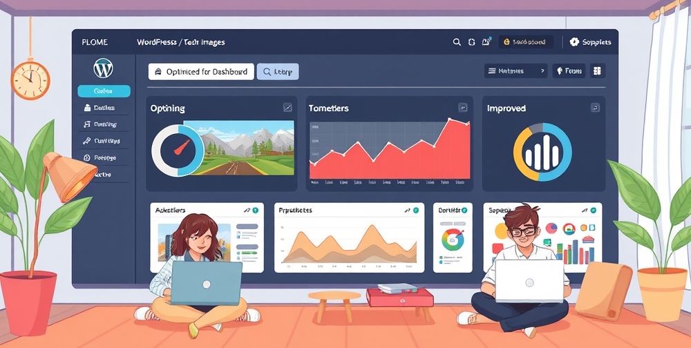 A vibrant, detailed illustration of a WordPress website dashboard showing optimized images and improved site speed, with graphs and happy users on laptops in natural home environment