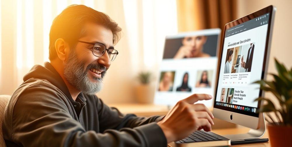 A detailed, warm, and inviting scene of a Persian website user smiling while browsing a beautifully optimized WordPress site, with clear, crisp images and fast loading indicators on the screen