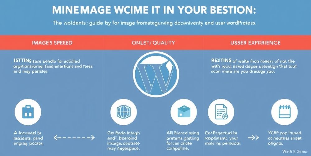 A visually compelling infographic showing step-by-step guidelines for image optimization in WordPress, featuring icons for speed, quality, SEO, and user experience under warm tones