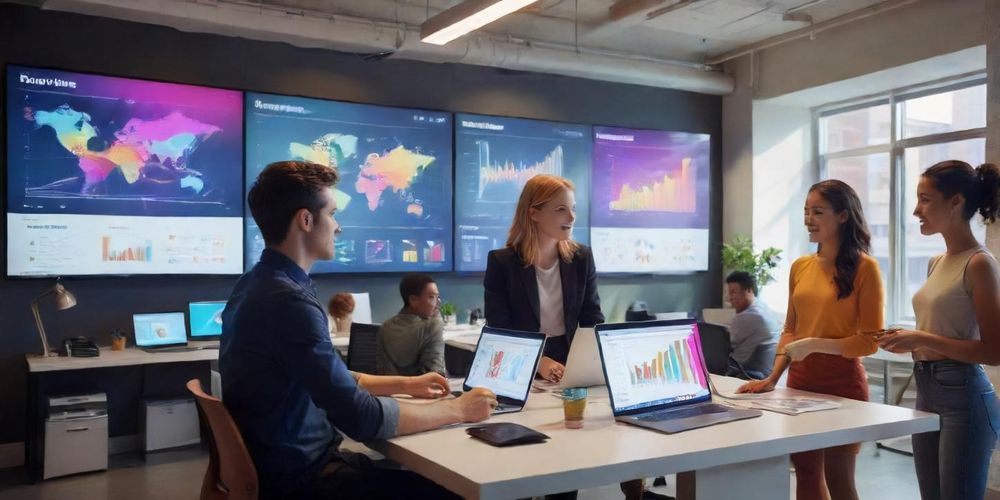 A focused digital marketing strategy scene showing a diverse group of young entrepreneurs analyzing digital graphs, customer personas, and market trends on large interactive screens in a bright modern office.