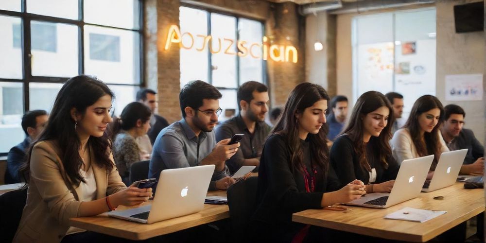 A lively scene of Persian young professionals engaging with social media marketing on smartphones and laptops, with Persian-language content and notifications popping on the screens, reflecting vibrant and dynamic online business growth.