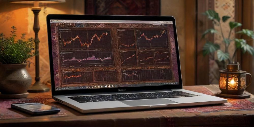A modern laptop screen displaying SEO analytics dashboard with upward trending graphs, keyword rankings, and website performance metrics, set in a cozy Persian home office, symbolizing successful internet marketing efforts.