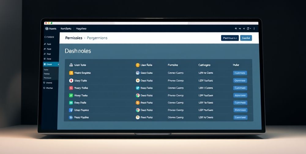 A professional dashboard screen of a WordPress website showing user roles and permissions management, with colorful icons and clean interface under soft lighting.