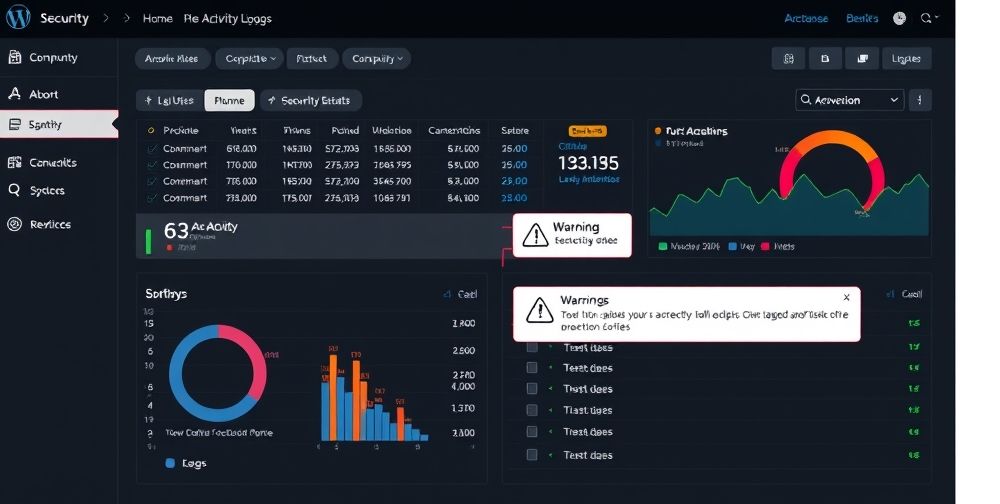 A security dashboard showing user activity logs and defensive measures on a WordPress site, with charts and alerts highlighted clearly.