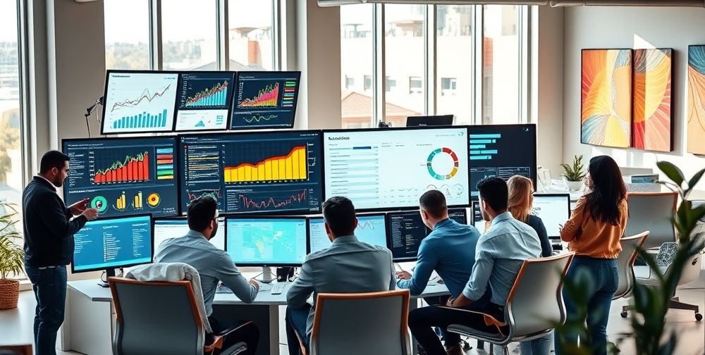 A vibrant digital marketing workspace showing a team analyzing data on multiple screens with charts and graphs, emphasizing strategy and teamwork.