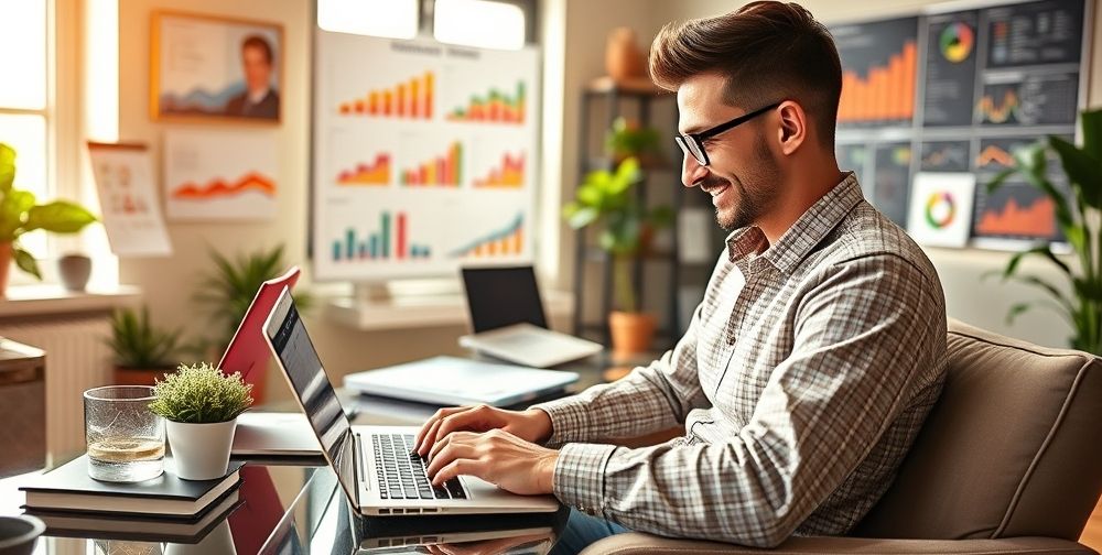 A content creator designing SEO-friendly blog posts on a laptop, surrounded by tools and analytics charts, in a cozy modern workspace.
