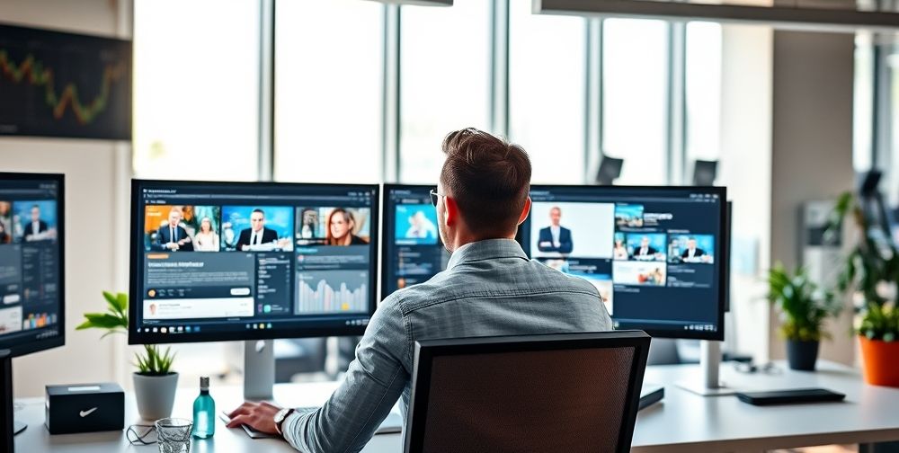 A marketer managing social media ads on multiple screens, displaying campaign stats and engaging posts, in a bright modern office.