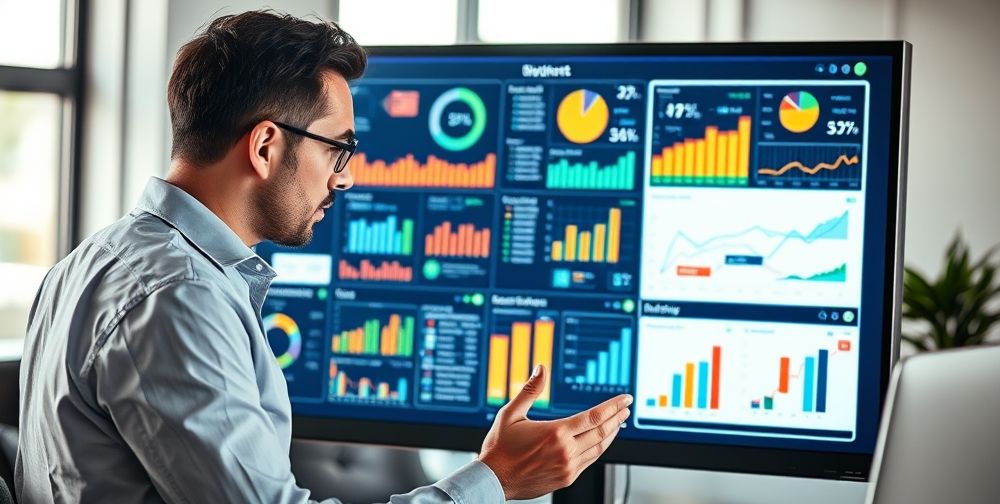 A data analyst reviewing marketing campaign results on a large monitor with charts and graphs, indicating strategic improvements.