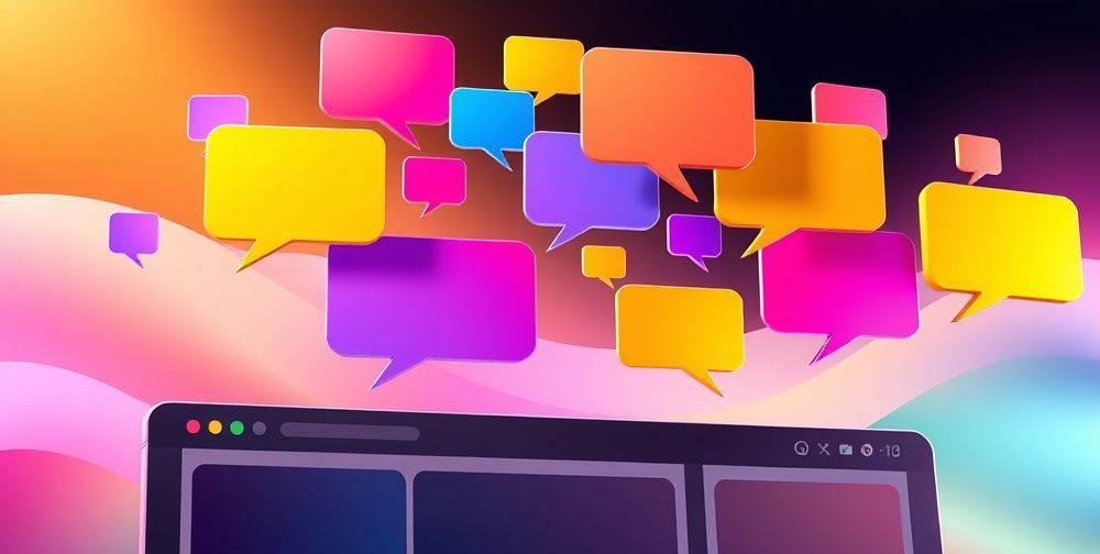 A vibrant digital illustration showing user comments appearing as speech bubbles over a website page, highlighting interaction and engagement, set against a colorful and modern UI background.