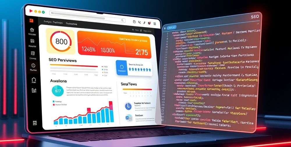 Detailed graphic illustrating a website interface with highlighted user review sections, showing SEO metrics improvement and code snippets of schema markup implementation for reviews, emphasizing technical SEO aspects.