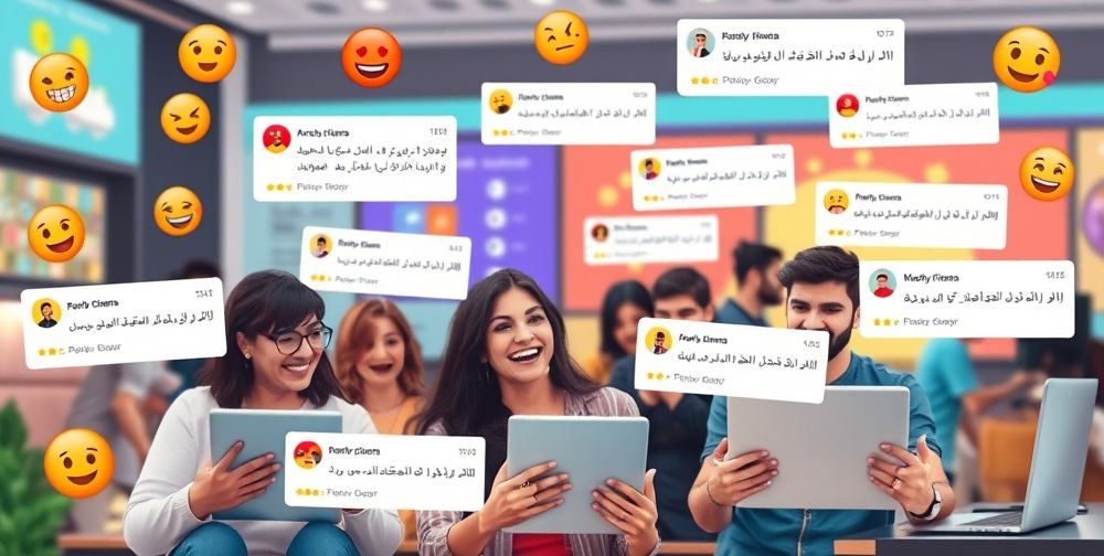 A friendly social media scene showcasing positive user reviews being shared across platforms in Persian language, with engaging reactions and comments, highlighting viral sharing of website feedback by happy users.