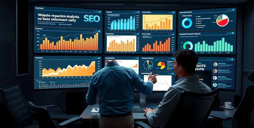 A professional person analyzing website metrics on multiple screens showing improved SEO ranking, user reviews impact graphs, and trust building, in a modern office with Persian language interface elements, conveying expertise and success.