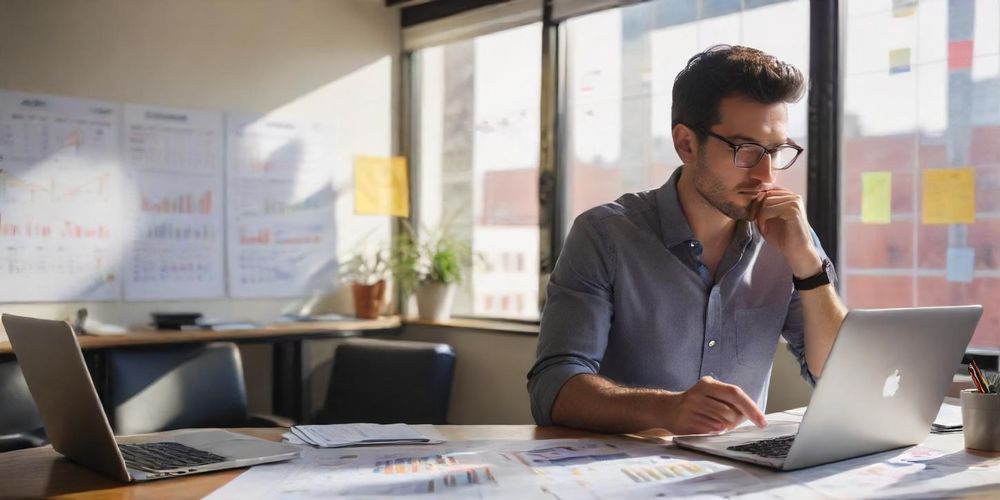 An entrepreneur analyzing startup financial data on laptop, detailed spreadsheets, charts, and notes around, modern office environment with natural light.