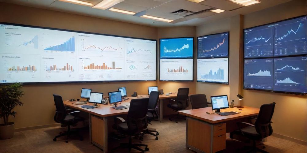 A calm meeting room with financial advisors discussing startup valuation, digital tablets displaying financial metrics, charts on screens, warm lighting, collaborative atmosphere.