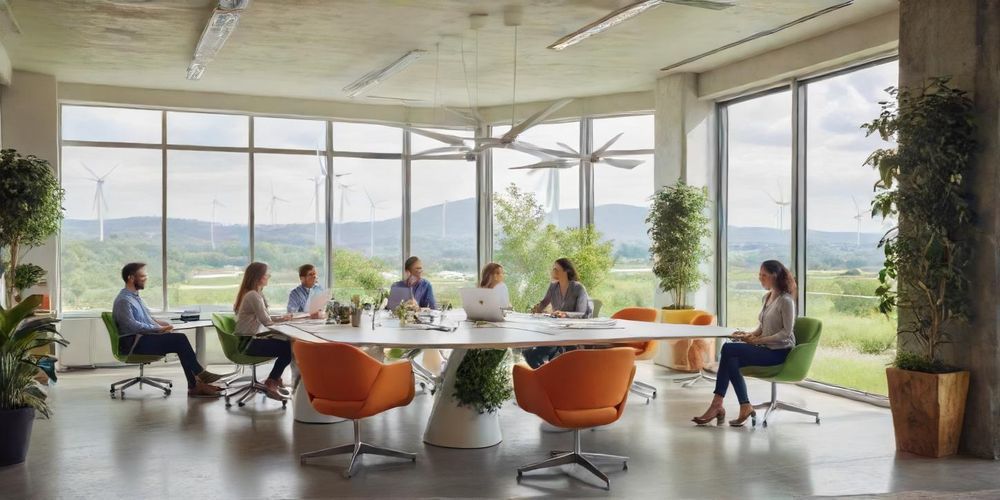 An environmental startup team brainstorming, with green energy icons, wind turbines and solar panels in the background, illustrating eco-friendly innovation and collaboration in a bright modern office setting.