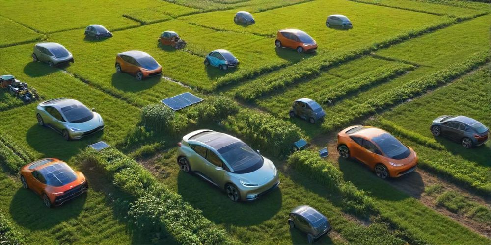 A collage showing diverse environmental startups in action: solar panels, AI-powered recycling robots, smart farming devices, and electric vehicles, emphasizing modern eco-friendly technologies in vibrant colors.