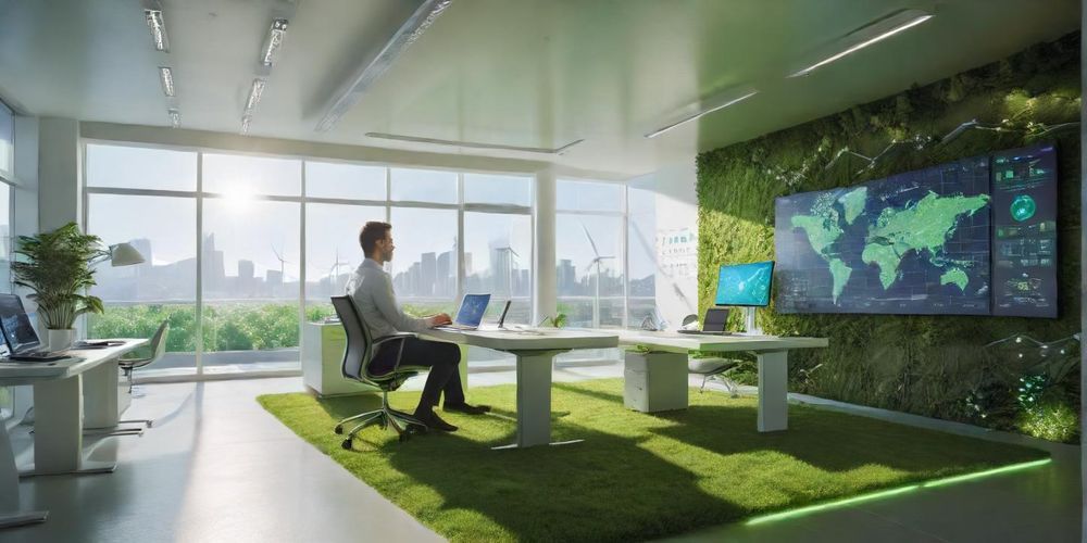 A detailed, futuristic image showing an investor reviewing environmental startup data charts and maps with green eco-icons, solar, wind turbines, and smart tech in a modern office setting filled with natural light.